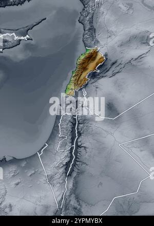 Carte physique du Liban, vue satellite du moyen-Orient, Syrie, Israël. Asie. Reliefs et océans. rendu 3d. NASA Elements Banque D'Images