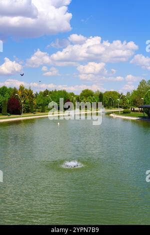 Arbres verts au bord de la rivière, nuages sur un ciel bleu et reflets sur l'eau, fontaine au milieu de l'eau dans une journée ensoleillée Banque D'Images