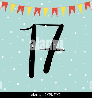 Calendrier de l'Avent de Noël avec des drapeaux colorés et des chutes de neige. 17 décembre jour. Illustration vectorielle plate Illustration de Vecteur