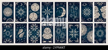 Cartes de tarot. Lune magique du soleil, symboles de sorcière mythique. Astrologie graphique spirituelle vintage ou affiches ésotériques. Symboles ornementaux dessinés à la main. Occultisme b Illustration de Vecteur