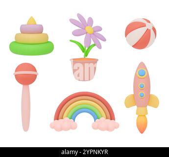 Icônes enfants 3D. Jouets pour enfants. Pyramide de couleur. Plante mignonne en pot de fleurs. Balle à jouer. Hochet en plastique pour bébés. Couleurs pastel arc-en-ciel avec des nuages de ciel. Rock Illustration de Vecteur
