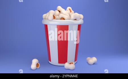 pop-corn 3d. Seau rayé rouge et blanc de maïs pop, boîte de film de cinéma, sac de nourriture de théâtre pour l'avant-première du film de nuit. Conteneur d'emballage, dessin animé render glo Illustration de Vecteur