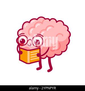 Cerveau avec des lunettes lit un livre. Personnage de dessin animé mignon dans le style kawaii. Organe sain, système nerveux. Illustration vectorielle, style plat. la santé mentale Illustration de Vecteur