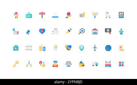 Acheter et vendre, louer des biens immobiliers, plan de construction et ensemble d'icônes de couleur de rénovation de maison. Technologie durable pour la maison intelligente, les services de recherche et de réparation, garage pour l'illustration vectorielle d'éléments plats de voiture Illustration de Vecteur