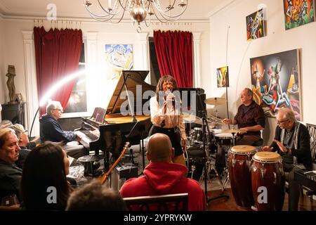 Sonya Hensley se produit à la fête d'anniversaire de l'artiste Mark Kostabi dans sa maison de ville de Chelsea à New York, NY, le 27 novembre 2024 (photo de David Warren /Sipa? USA) crédit : Sipa USA/Alamy Live News Banque D'Images