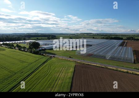 Système d'irrigation par arrosage d'eau, champ agricole avec siststems d'irigation, vue panoramique aérienne de paysage Banque D'Images