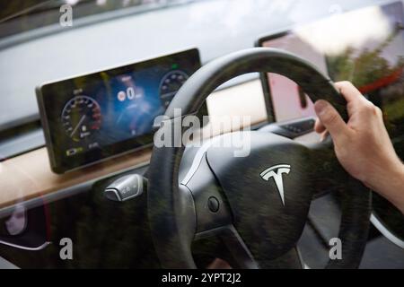 Vilnius, Lituanie - 16-08-2024 - intérieur de Tesla Model 3, main d'homme sur le volant et le tableau de bord Banque D'Images