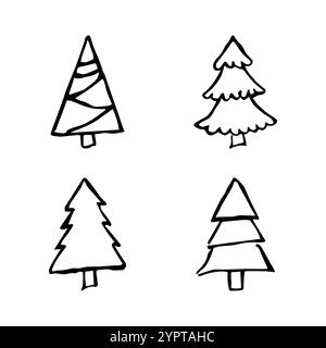 Arbres de Noël dessinés à la main. Ensemble de quatre illustrations croisées monochromes de FIRS. Éléments de gribouillage pour les vacances d'hiver. Illustration vectorielle Illustration de Vecteur