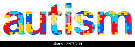 Autisme mot de couleurs puzzles, 3D rendu isolé sur fond blanc Banque D'Images