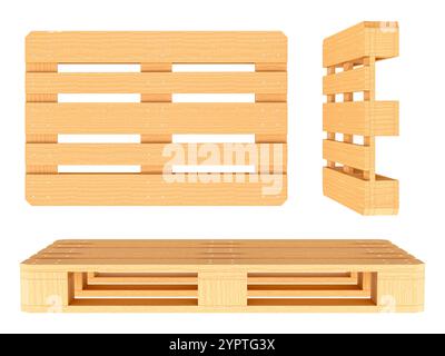 Palettes en bois, vues de côté et de face. Rendu 3D isolé sur fond blanc Banque D'Images