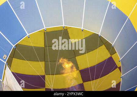 Vue rapprochée du bas du système de brûleur d'un ballon d'air chaud jaune coloré Banque D'Images