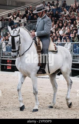 Madrid, Espagne. 30 novembre 2024. Un cavalier et son cheval lors de la compétition doma vaquera à Madrid Horse week, à IFEMA, le 30 novembre 2024 à Madrid, Espagne. Crédit : Sipa USA/Alamy Live News Banque D'Images