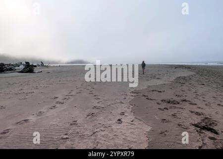 Personne seule marchant le long de second Beach dans le parc national olympique, Washington a déclaré. Empreintes de pas dans le sable. Jour brumeux. Banque D'Images
