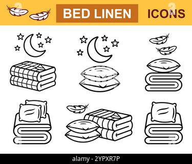 Linge de lit propre plié, oreiller moelleux, drap de literie de chambre textile pour dormir, serviette, couverture de plumes. Jeu d'icônes de ligne empilable pour linge de lit double et simple Illustration de Vecteur