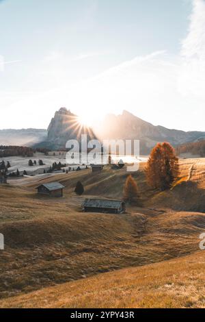 Lever de soleil alpin serein : découvrez la beauté époustouflante des arbres d'automne, des montagnes majestueuses, des couleurs d'automne éclatantes et des sommets enneigés Banque D'Images