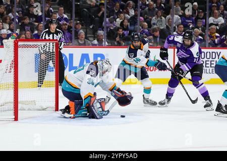 19 novembre 2024 : Corinne Schroeder (30 ans), gardienne des Sirens de New York, fait un pas contre Maggie Flaherty (19 ans), défenseur du Minnesota Frost, lors d’un match de hockey PWHL entre les Sirens de New York et les Frost du Minnesota, au Xcel Energy Center à Paul, Minnesota. Steven Garcia-CSM (image crédit : © Steven Garcia/Cal Sport Media) Banque D'Images