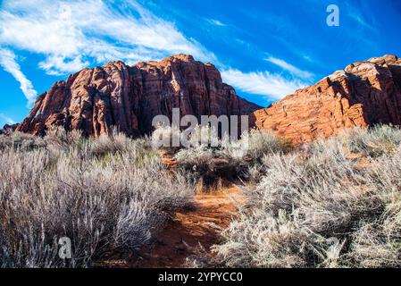 Les magnifiques falaises de roche rouge de Kolob Canyon (partie du parc national de Zions), également les monolithes du parc d'État de Snow Canyon, à Ivins, UT. ÉTATS-UNIS Banque D'Images