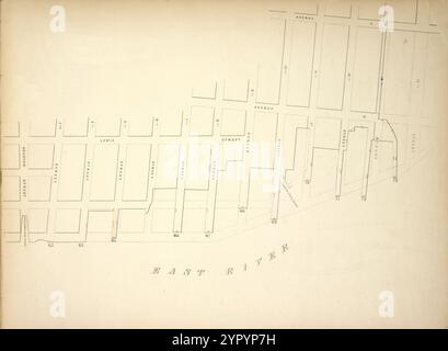 Carte délimitée par Lewis Street, Avenue d, Avenue C, 14th St, Pier - Line 63-73, Houston Street ; y compris Williamsburgh Ferry, 3rd St, 4th St, 5th St, 6th St, 7th St, 8th St, 9th St, 10th St, Green point Ferry, 11th St, 12th St, 13th St 1855 par New York (N.Y.). City Surveyors. Banque D'Images