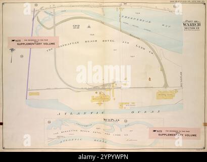 Brooklyn, vol. 7, plaque double page no 35 ; partie du quartier 31, section 22 ; [carte bornée par l'avenue Neptune, l'avenue Emmons ; incluant l'océan Atlantique] ; Plan secondaire ; [carte bornée par la baie Sheepshead, l'océan Atlantique] 1907 par E.B. Hyde & Co. Banque D'Images