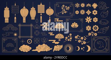 Divers symboles chinois avec cadres linéaire collection d'icônes de glyphe. Objets décoratifs asiatiques symboliques décoratifs définis sur fond noir Illustration de Vecteur