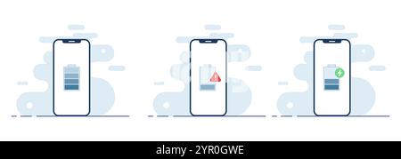 Indicateurs de niveau d'énergie de batterie de smartphone illustrations vectorielles plates, niveau de batterie faible, charge de batterie, batterie complètement chargée Illustration de Vecteur