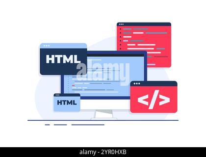 Interface de logiciel de codage ou de programmation sur le concept d'écran d'ordinateur de bureau de fenêtre illustration vectorielle plate, concept de conception Web pour les sites Web, atterrissage Illustration de Vecteur