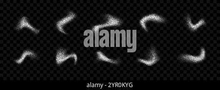 Collection éclaboussures de poudre blanche. Ensemble de texture de pulvérisation de grain grunge. Tache-brosse à pois courbés et bavures. Faisceau de recouvrement par éclaboussures de bruit de sable. Formes abstraites de gradient de grain fluide en pointillés. Vecteur Illustration de Vecteur