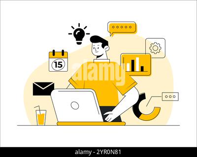 Homme d'affaires multitâche faisant de nombreuses tâches en même temps concept vecteur plat illustration, gestion du temps, résolution de problèmes, productivité, efficacité Illustration de Vecteur