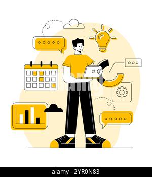 Homme d'affaires multitâche faisant de nombreuses tâches en même temps concept vecteur plat illustration, gestion du temps, résolution de problèmes, productivité, efficacité Illustration de Vecteur