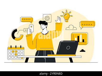 Homme d'affaires multitâche faisant de nombreuses tâches en même temps concept vecteur plat illustration, gestion du temps, résolution de problèmes, productivité, efficacité Illustration de Vecteur
