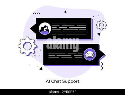 Robot chatbot fournissant une assistance en ligne, assistant virtuel Chatbot via messagerie, réponses aux questions du robot d'intelligence artificielle, assistance informatique robot, Illustration de Vecteur
