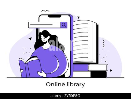 Concept de bibliothèque en ligne illustration plate, Médiathèque, livres de lecture de personnages féminins, librairie en ligne, application Reader, éducation, librairie numérique Illustration de Vecteur