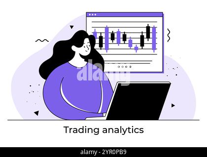 Trader féminin analysant les données économiques du marché boursier, graphique de chandelier d'analyse technique, concept de trading Forex. Stratégie de trading, investir dans STO Illustration de Vecteur