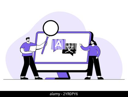 Traducteur en ligne, traduire des langues étrangères, bulles de chat avec différentes langues, Bonjour!, communication multilingue, icône App pour le dialogue betwe Illustration de Vecteur