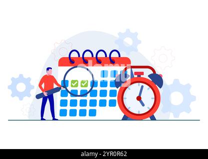 Autonomiser la planification et l'efficacité des affaires - gestion du temps d'affaires, productivité, illustration plate d'un employé masculin avec calendrier et horloge, EF Illustration de Vecteur