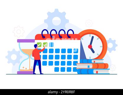 Planification du calendrier d'affaires, tâches de travail de planification de caractère masculin, remplir la liste de contrôle, faire le calendrier en utilisant le calendrier, vecteur de gestion de projet illus Illustration de Vecteur