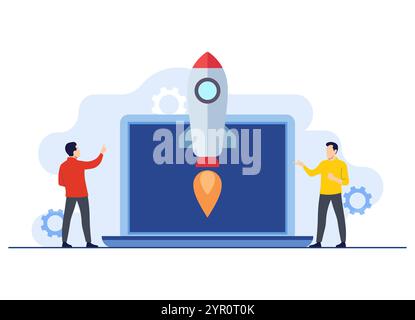 Lancement de la fusée de démarrage par des gens d'affaires ou des employés, succès de nouveau projet, entrepreneuriat, Nouvelle idée, travail d'équipe sur de nouvelles illustrations plates d'idée pour Illustration de Vecteur