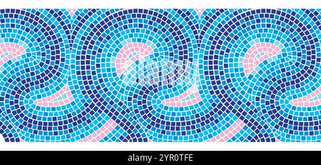 Motif mosaïque avec design marin - carreaux carrés bleus et roses disposés en vagues courbes. Frontière de vecteur 3d réaliste de la décoration de piscine, surface de salle de bain, élément intérieur de style méditerranéen. Illustration de Vecteur