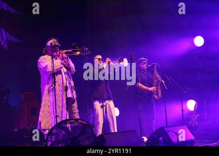 Joe Lindsay alias Hopepa, Toby Laing alias Tony Chang und Scott Towers alias Chopper Reedz, v.l., von der Band Fat Freddy s drop BEI einem Konzert im Tempodrom in Berlin, 1. Dezember 2024. Fat Freddy s Drop Konzert Berlin *** Joe Lindsay aka Hopepa, Toby Laing aka Tony Chang et Scott Towers aka Chopper Reedz, de gauche à droite, du groupe Fat Freddy s Drop à un concert au Tempodrom de Berlin, le 1er décembre 2024 Fat Freddy s Drop concert Berlin Banque D'Images