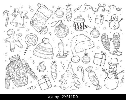Grand ensemble d'éléments de dessin de Noël design. Vecteur dessiné à la main. Objets isolés Illustration de Vecteur