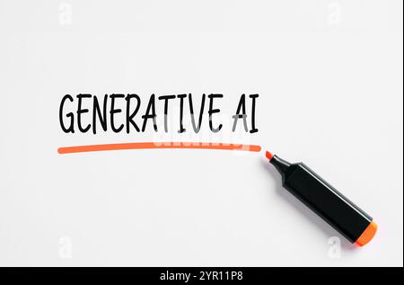 Concept d'intelligence artificielle. Intégration de l'IA générative aux entreprises. Le mot Generative ai mis en évidence par un marqueur sur fond blanc. Banque D'Images