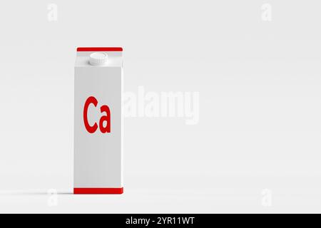 Carton de lait avec le symbole d'élément chimique CA, calcium sur fond blanc. Mode de vie sain, solidité osseuse et apport en calcium des produits laitiers. Banque D'Images