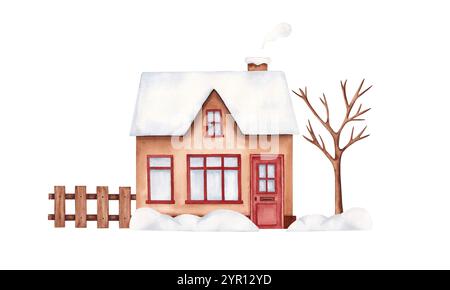 Illustration de maison d'hiver. Aquarelle maison dessinée à la main avec fumée de cheminée, déneigements, clôture en bois, arbre isolé sur fond blanc. Banque D'Images