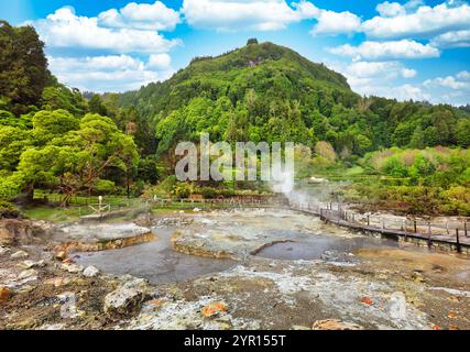 Fumaroles à Furnas Hot Springs, île de Sao Miguel, Açores, Portugal Banque D'Images