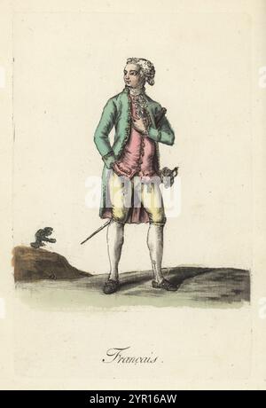 Mode d'un gentleman français, fin du XVIIIe siècle. En perruque ou perruque en poudre, manteau et gilet avec broderie d'or, montres FOB, culottes, chaussures à manches longues et boucle, épée de cour, bicorne sous son bras. Homme francais. Gravure sur cuivre colorée à la main d’après une illustration de Jacques Grasset de Saint-Sauveur tirée des costumes civils actuels de tous les peuples connus, dessines d’apres nature, costumes civils actuels de tous les peuples connus, tirés de la nature, chez Pavard, Paris, 1788. Banque D'Images