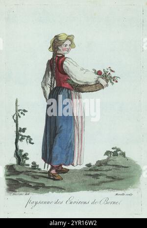 Paysanne du canton de Berne, Suisse. En chapeau à bord, cheveux en longues tresses, gilet sans manches, chemise, jupons, tablier rayé, chaussures, tenant un panier de roses. Paysanne des environs de Berne. Gravé par Jean-Marie Mixelle d'après un dessin de Claude-Louis Desrais. Banque D'Images