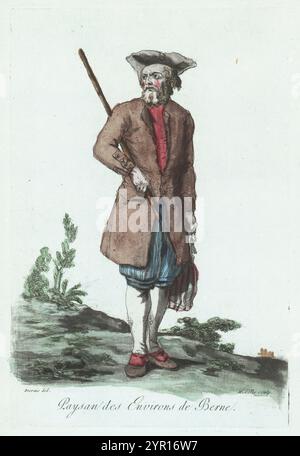 Costume d'un paysan du canton de Berne, Suisse. En bonnet tricorne, point de coulée en laine brune ou doublet avec poignets à boutons, culottes larges en coutil, tuyau et chaussures avec des hauts rouges. Il tient un bâton et un sac à ficelle. Paysan des environs de Berne. Gravé par Jean-Marie Mixelle d'après un dessin de Claude-Louis Desrais. Gravure sur cuivre colorée à la main d’après une illustration de Jacques Grasset de Saint-Sauveur tirée des costumes civils actuels de tous les peuples connus, dessines d’apres nature, costumes civils actuels de tous les peuples connus, tirés de la nature, chez Pavard, Paris, 1 Banque D'Images