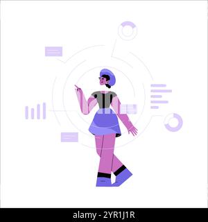 Analyste femme présentant des aperçus de données avec des infographies dans une illustration vectorielle plate symbolisant la visualisation, l'analyse et la présentation des données Illustration de Vecteur