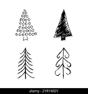 Arbres de Noël dessinés à la main. Ensemble de quatre illustrations croisées monochromes de FIRS. Éléments de gribouillage pour les vacances d'hiver. Illustration vectorielle Illustration de Vecteur