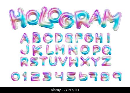 vecteur de style 3d de l'alphabet holographique brillant gonflé et des chiffres sur fond blanc Illustration de Vecteur